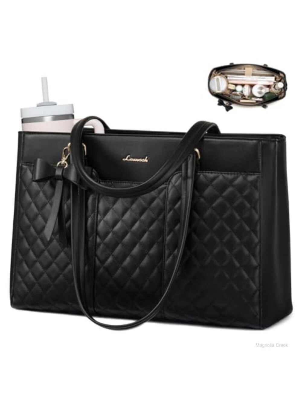 Quilted PU Leather Laptop Tote Bag 15.6 Inch Work Bag Satchel